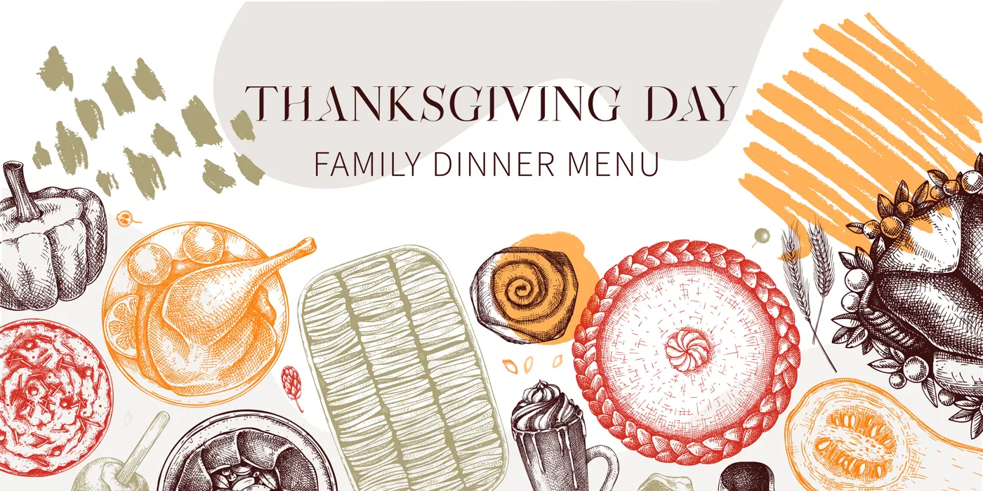 Thanksgiving dinner collage. Fall food and drinks trendy frame design. Sketched roasted turkey, vegetables, baked goods, and desserts sketches. Vintage autumn food template. Thanksgiving background Illustration